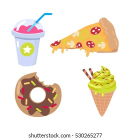 Collection of kinds of food. Pink smoothie in closed cup with blue straw. Piece of pizza with salami, mushrooms, cheese. Chocolate doughnut with confetti. Ice cream cone. Cartoon style. Vector