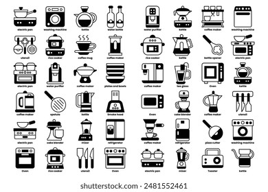 A collection of kitchen appliances and utensils. The appliances include a microwave, toaster, coffee maker, and a blender. The utensils include a knife, spoon, and fork