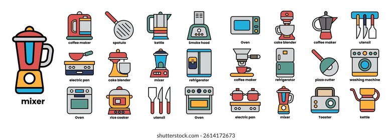 A collection of kitchen appliances and utensils. The appliances include a blender, toaster, oven, and microwave. The utensils include a knife, spoon, and fork