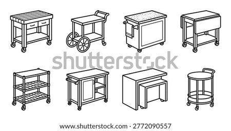 Collection of kitchen carts serving trolleys and island furniture in isometric outline for culinary spaces.