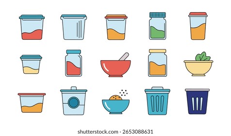 Coleção de recipientes de cozinha Frascos e tigelas para armazenar ingredientes alimentares e especiarias