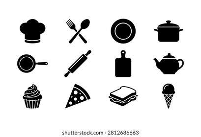 Collection of kitchen and cooking icons including chef hat fork spoon plate pot frying pan rolling pin cutting board teapot cupcake slice of pizza sandwich and ice cream cone for culinary arts.