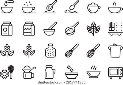 Collection of kitchen cooking tools and ingredients icons isolated on transparent background