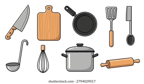 Collection of kitchen cooking utensils tools