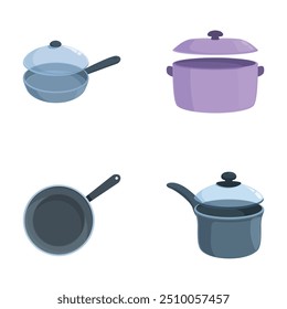 Colección de utensilios de cocina incluyendo sartenes y ollas en un estilo de Vector moderno
