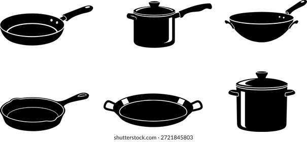 Eine Kollektion von Küchengeschirr im Silhouettenstil, einschließlich Bratpfannen und Töpfen, für kulinarische und Kochdesigns