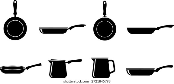 Una colección de siluetas de utensilios de cocina que incluyen sartenes y ollas en formato de Vector para uso de diseño