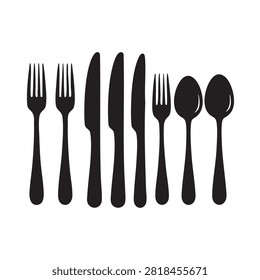 Collection of kitchen cutlery vector icons including forks knives and spoons designed for restaurant menus web graphics and dining flatware elements. Set features black silhouettes isolated on clean white background for professional culinary design and food service industry projects.