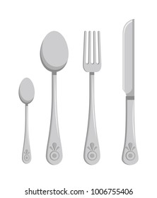 Collection of kitchen cutlery vector illustration of two silver spoon, fork and knife, set of dishes with cute patterns on handles isolated on white