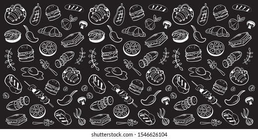 Collection of kitchen elements. Food. Barbecue and grill sketches on Board. Drawn barbecue elements around the text. Grill time. Roast meat grill chicken mushroom steaks burgers. Bbq vector