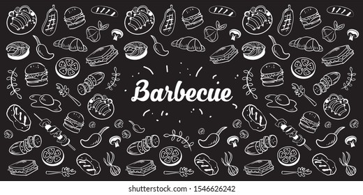 Collection of kitchen elements. Food. Barbecue and grill sketches on Board. Drawn barbecue elements around the text. Grill time. Roast meat, grill, chicken, mushrooms, steaks, burgers. Bbq vector