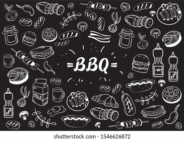 Collection of kitchen elements. Food. Barbecue and grill sketches on Board. Drawn barbecue elements around the text. Grill time. Roast meat, grill, chicken, mushrooms, steaks, burgers. Bbq vector