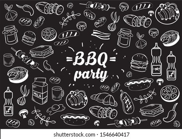 Collection of kitchen elements. Food. Barbecue and grill sketches on Board. Drawn barbecue elements around the text. Grill time. Roast meat, grill, chicken, mushrooms, steaks, burgers. Bbq vector