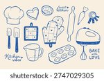 Collection of kitchen essentials for baking. Hand-drawn illustration of cooking tools with lettering phrases. Muffin pan, pot holder, hand mixer, cake tins, chef hat, rolling pin, measuring spoon.