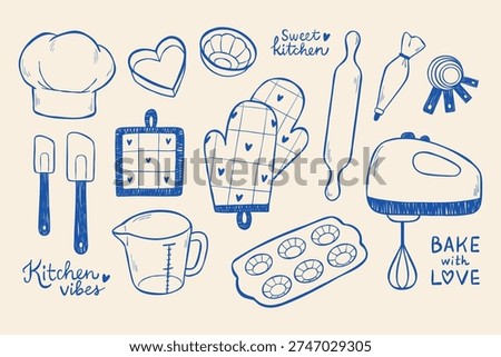 Collection of kitchen essentials for baking. Hand-drawn illustration of cooking tools with lettering phrases. Muffin pan, pot holder, hand mixer, cake tins, chef hat, rolling pin, measuring spoon.