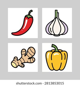 Collection of kitchen essentials containing spicy red chili garlic bulb pungent ginger root and sweet yellow bell pepper for culinary art.
