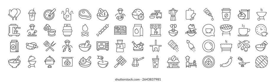 Coleção de cozinha, comida, churrasco ícones de linha relacionados. Outline Signs para Gráficos e Web Design, Apps, Anúncios, Vários Cartões