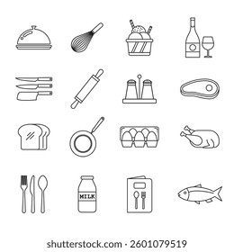A collection of kitchen and food-related line icons, including cooking utensils, ingredients, and beverages. Perfect for culinary, restaurant, and food industry designs.