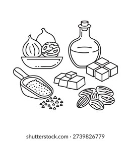 A collection of kitchen ingredients onions dates oil chocolate and spices