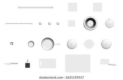 A collection of kitchen items including a knife, a cutting board, a pan, a bowl, and a spoon