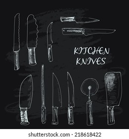 Collection of kitchen knives. Hand drawn illustrations