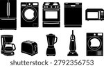Collection of kitchen and laundry appliance silhouettes with refrigerator washing machine stove dishwasher microwave coffee maker toaster blender vacuum and dryer. Black vector silhouettes isolated on white background.
