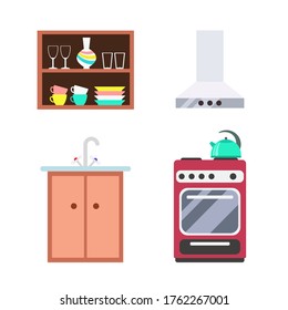 Collection of kitchen objects in flat style. Vector illustration isolated on white background 