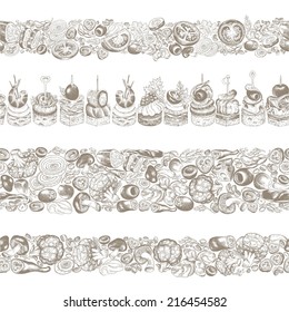 Collection of kitchen seamless horizontal borders, hand-drawn illustration in vintage style.