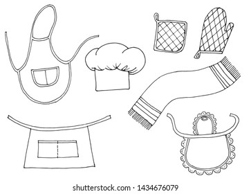 Collection of kitchen supplies illustrations in cartoon style. Aprons and tissues. Doodle set made in vector.