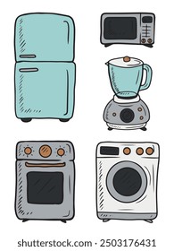 Colección de equipos de técnicas de cocina: nevera, horno, horno de microondas, batidora de encimera, lavadora aislada sobre fondo blanco. Dibujado a mano ilustración de boceto de Vector en estilo vintage.