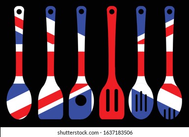 A collection of kitchen tool silhouette over a black background woth a backdrop of the British Union flag