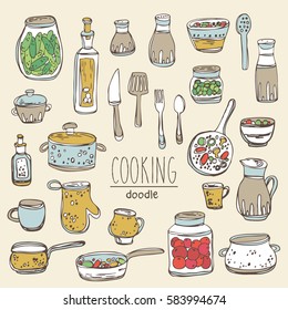 Collection of kitchen tools for cooking. hand drawn