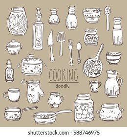 Collection of kitchen tools for cooking. hand drawn.