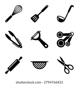 Collection of kitchen tools and cooking utensils icons, including whisk, spatula, ladle, tongs, peeler, measuring spoons, rolling pin, colander, and scissors.