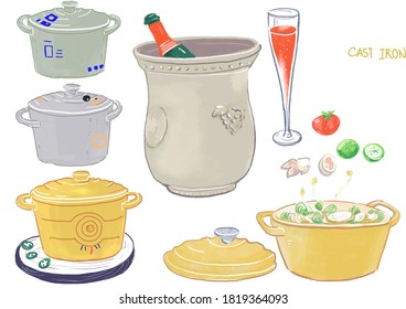 Collection of kitchen tools for cooking, vegetables, restaurant and vegetarian food, brewing drinks, coffee, tea. Colorful hand drawn