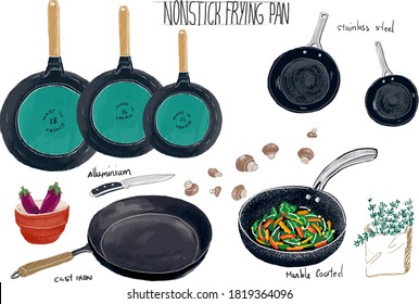 Colección de herramientas de cocina para cocinar, verduras, comida vegetariana y de restaurante, bebidas de elaboración, café, té. Colorida mano dibujada