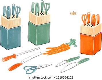 Collection of kitchen tools for cooking, vegetables, restaurant and vegetarian food, brewing drinks, coffee, tea. Colorful hand drawn