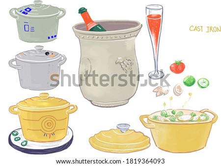 Collection of kitchen tools for cooking, vegetables, restaurant and vegetarian food, brewing drinks, coffee, tea. Colorful hand drawn