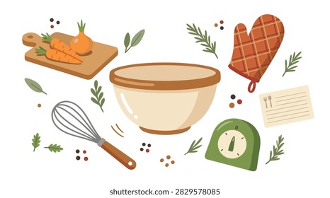 A collection of kitchen tools and fresh ingredients for cooking, including a mixing bowl, whisk, cutting board, carrots, and oven mitt.