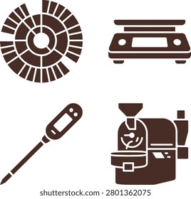 Collection of kitchen tools including a color wheel, scale, thermometer, and juicer on a white background