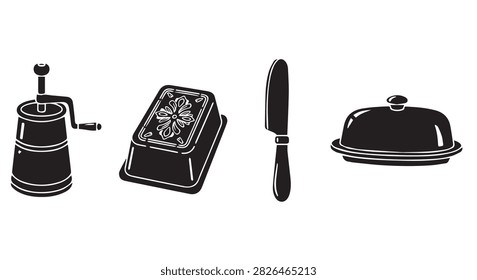 Collection of kitchen tools including pepper mill, cutting board, knife, and butter dish for cooking and food preparation.