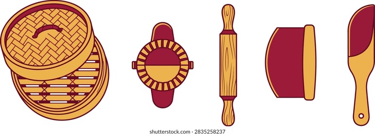 A collection of kitchen tools for making dumplings, including a bamboo steamer, a press mold, a wooden rolling pin, a dough cutter, and a spatula.