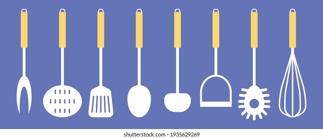 Kollektion von Küchenwerkzeugen auf blauem Hintergrund. Set von Produkten zum Kochen. Vektorgrafik in Flachstil
