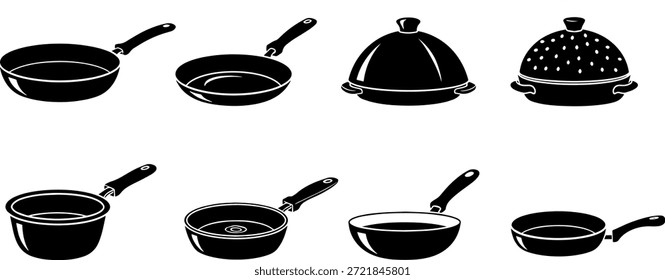 Una colección de siluetas de utensilios de cocina, incluyendo ollas, sartenes y tapas, en un formato de diseño de Vector.