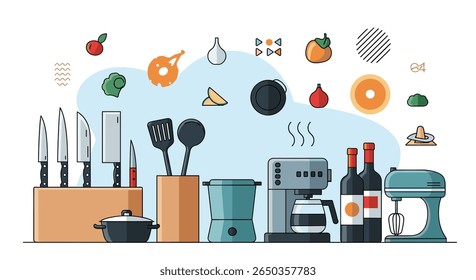 Collection of kitchen utensils appliances and food items art illustration