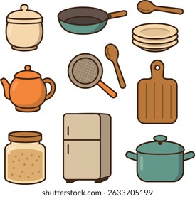 A collection of kitchen utensils and appliances. Includes a frying pan, teapot, plates, cutting board, sieve, refrigerator, and pot.