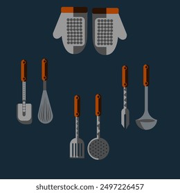 collection of kitchen utensils arranged in a symmetrical pattern against a dark blue background
