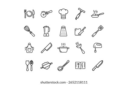 Collection of kitchen utensils and cooking tools in a minimalist line art style, including knives, pots, and other culinary equipment.
