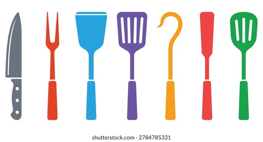 Collection of kitchen utensils and cooking tools silhouettes on white background with a vibrant coll