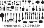 Collection of kitchen utensils, cookware and tools in silhouette vector illustration